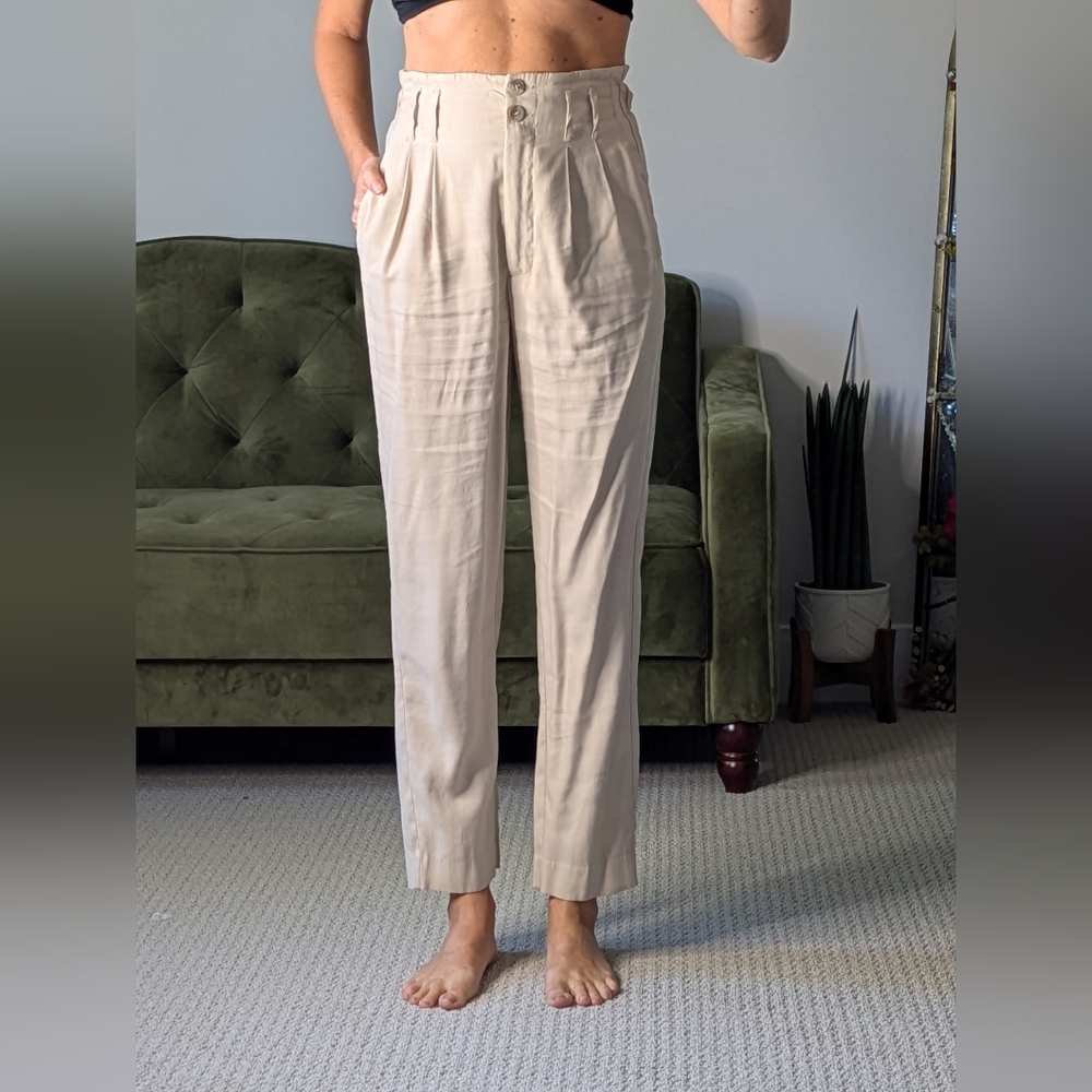 Mango Pleated Tailored Trousers High Waist Straight Leg Size 2 Beige Spring